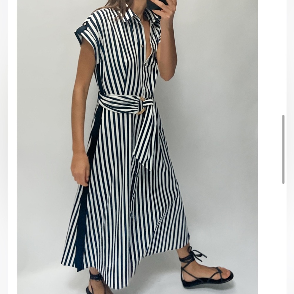 Zara Navy Blue and White Striped Belted Midi Shirtdress